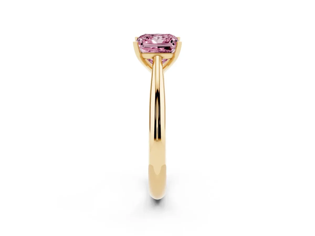 Fancy Pink Princess Cut Diamond Solitaire Engagement Ring with Cathedral Setting and Four-Prong Mount Yellow gold