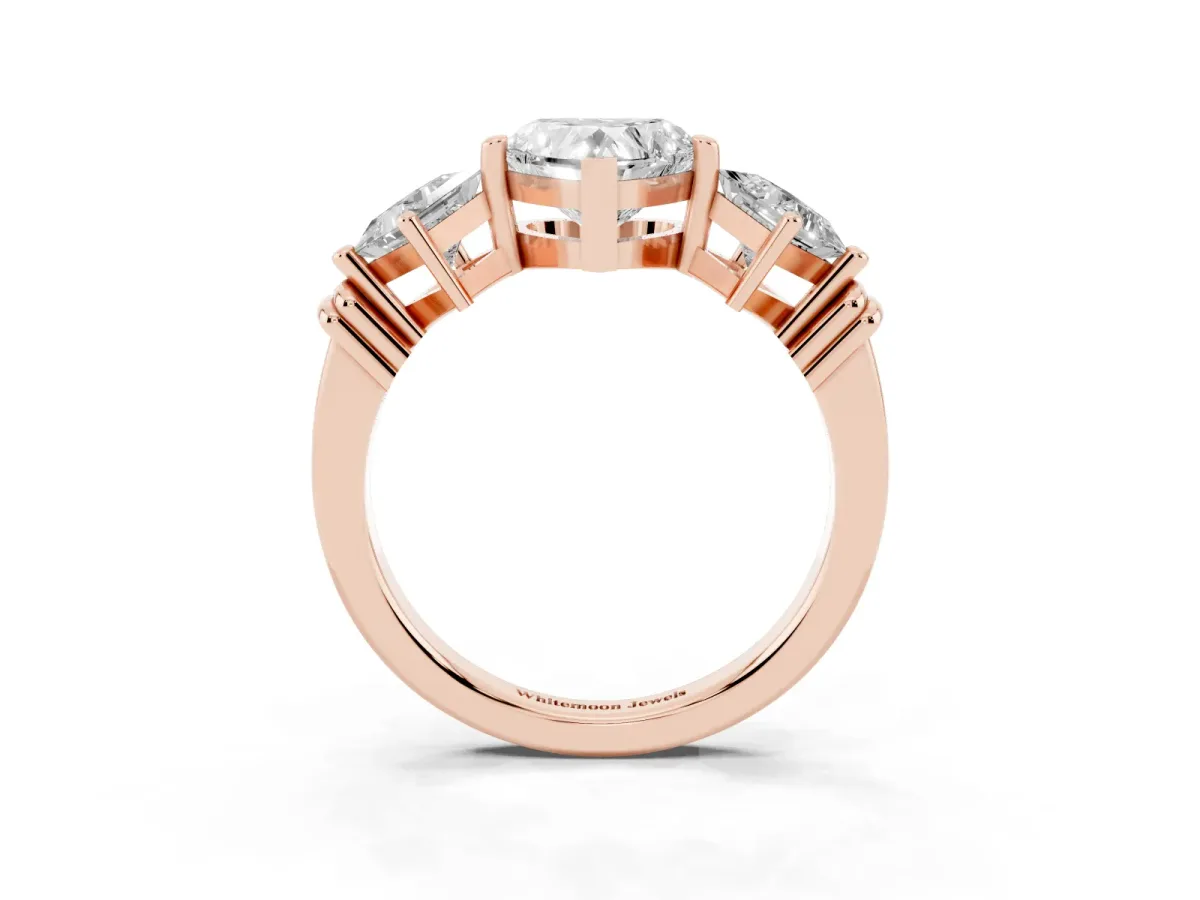 Three-Stone Heart Cut and Princess Cut Diamond Ring with Channel Band and Four-Prong Setting Rose gold