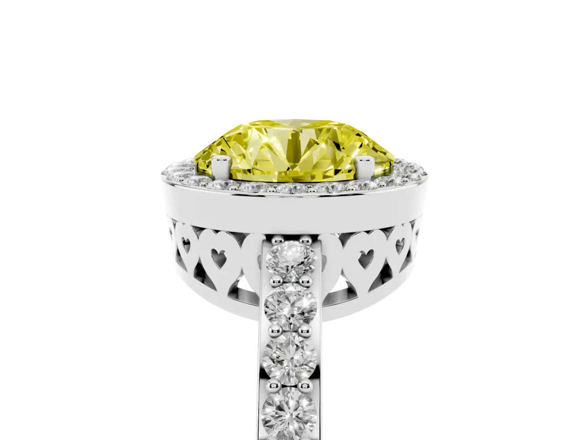 Fancy Yellow Round Cut Halo Diamond Pavé Band Ring with Prong Setting Silver