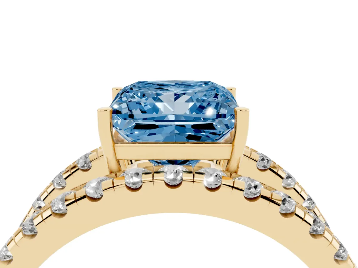 Fancy Blue Princess Cut Solitaire Split Shank Pave Diamond Ring Yellow gold