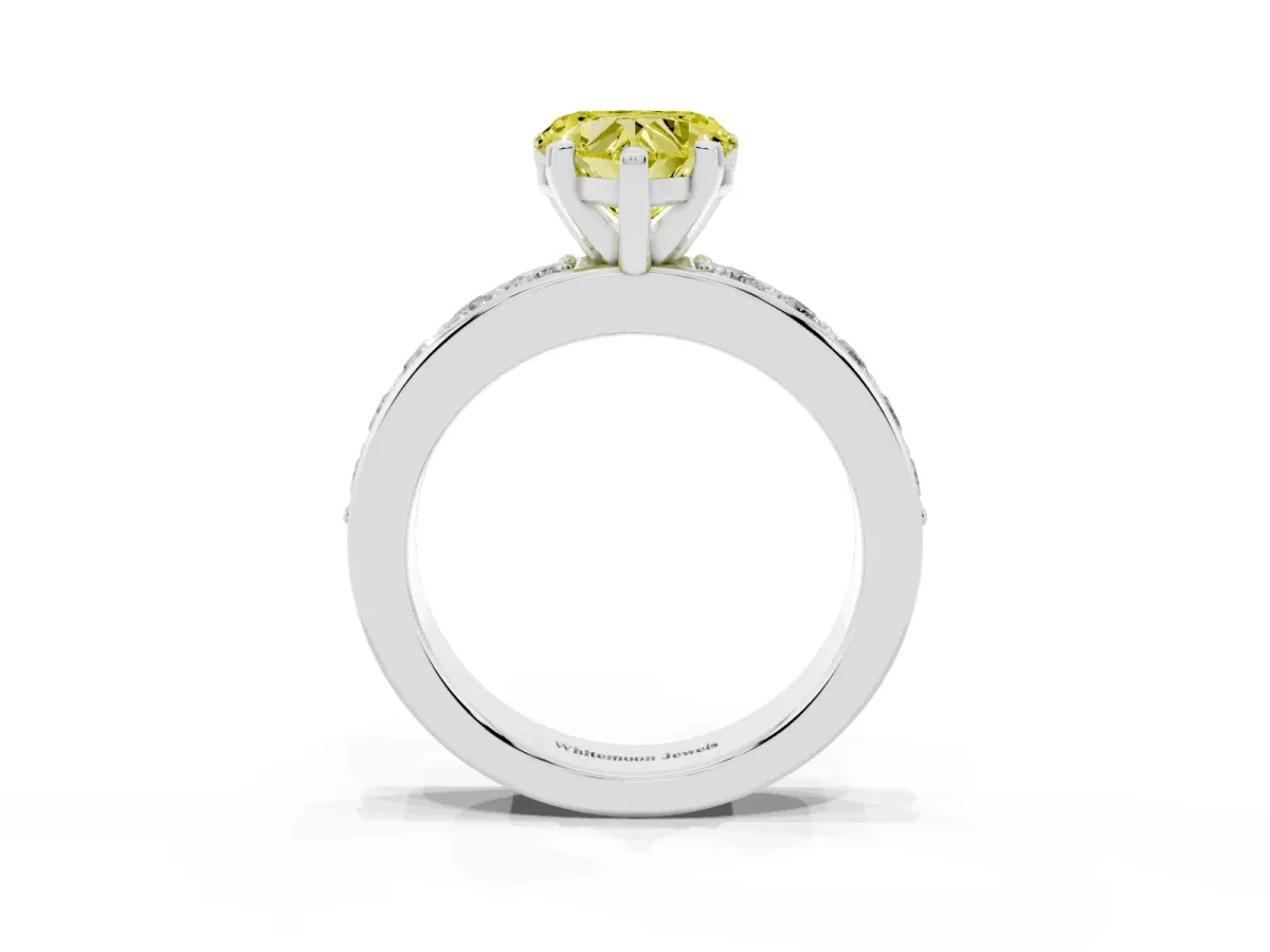Fancy Yellow Heart Cut Diamond Engagement Ring with Channel Set Round Band and Prong Setting Silver