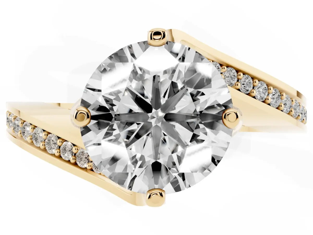 Round Cut Solitaire Diamond Twist Band with Pavé Setting and Four-Prong Setting Yellow gold