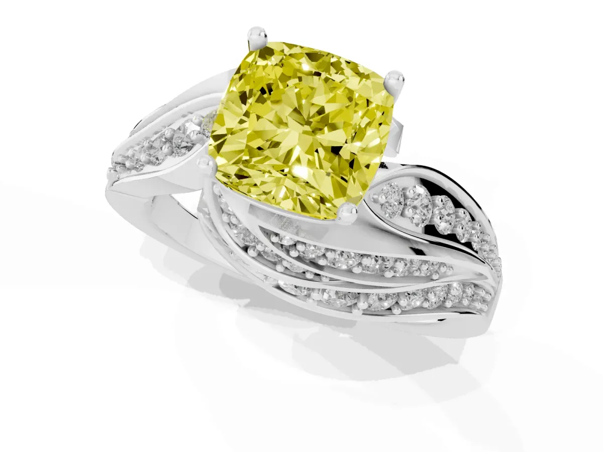 Fancy Yellow Cushion Cut Diamond Solitaire Ring with Prong Setting and Twisted Pavé Band Silver