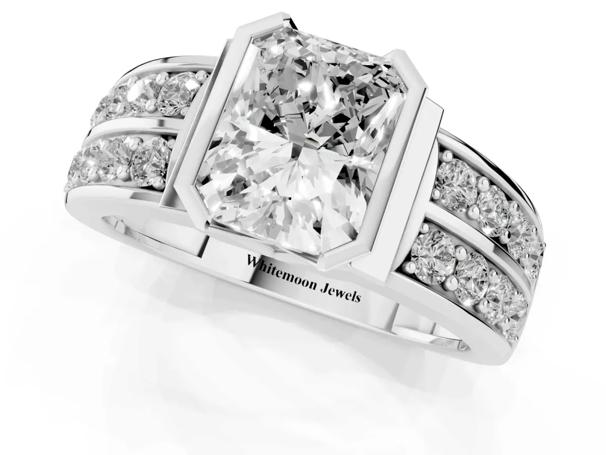 Radiant Cut Brilliant Diamond Channel Set Wide Band Ring with Bezel Setting Silver