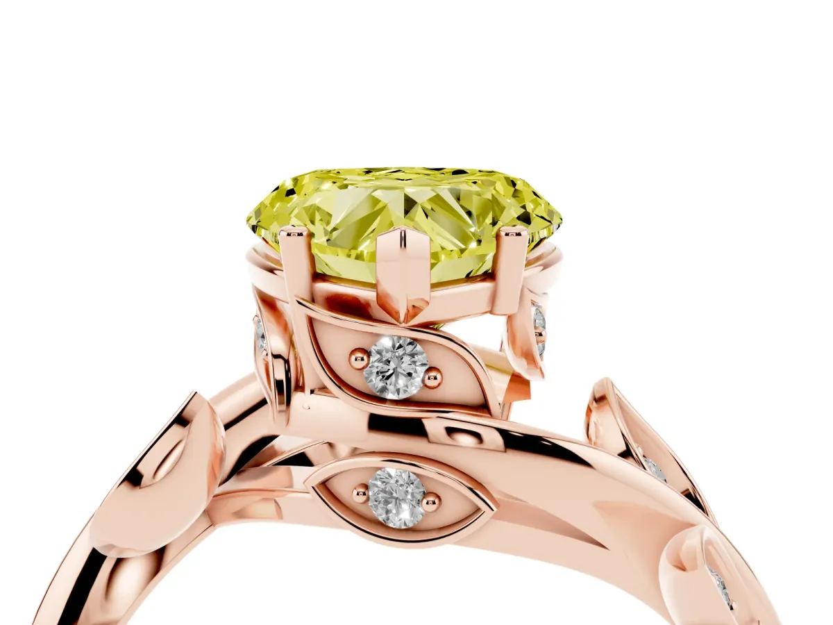 Fancy Yellow Heart Cut Solitaire Twist Engagement Ring with Leaf Accents and Prong Setting Rose gold