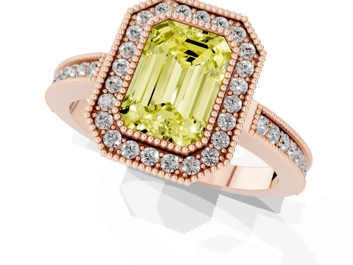 Fancy Yellow Emerald Cut Cut Halo Diamond Ring with Pavé Band and Milgrain Prong Setting Rose gold