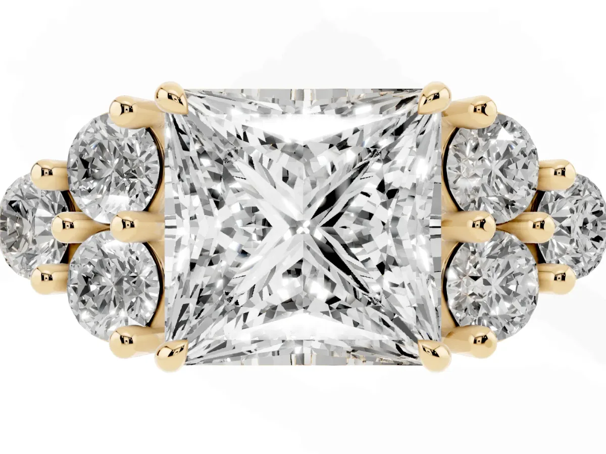 Princess Cut Brilliant Diamond Cluster Accent Solitaire Ring with Prong Setting Yellow gold