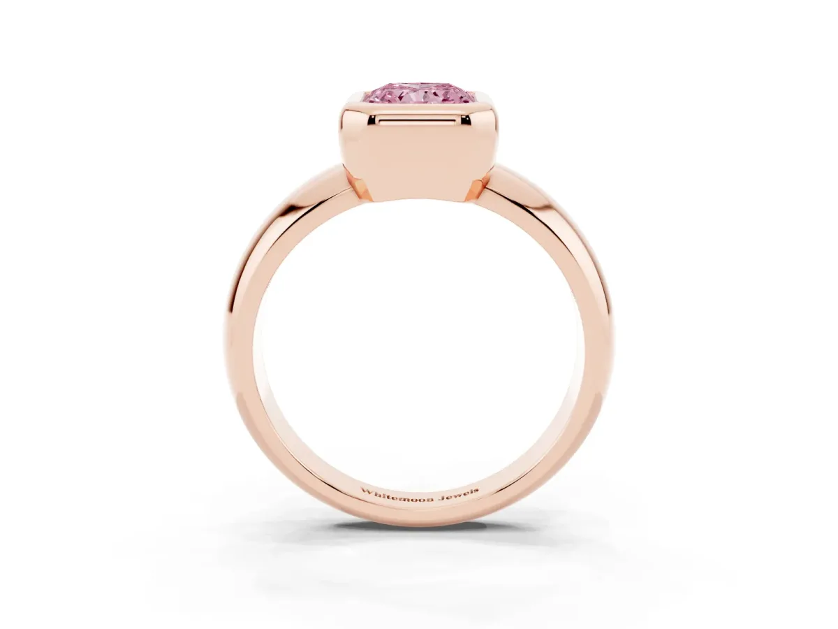 Fancy Pink Bezel Set Radiant Cut Solitaire Ring with Wide Band Rose gold