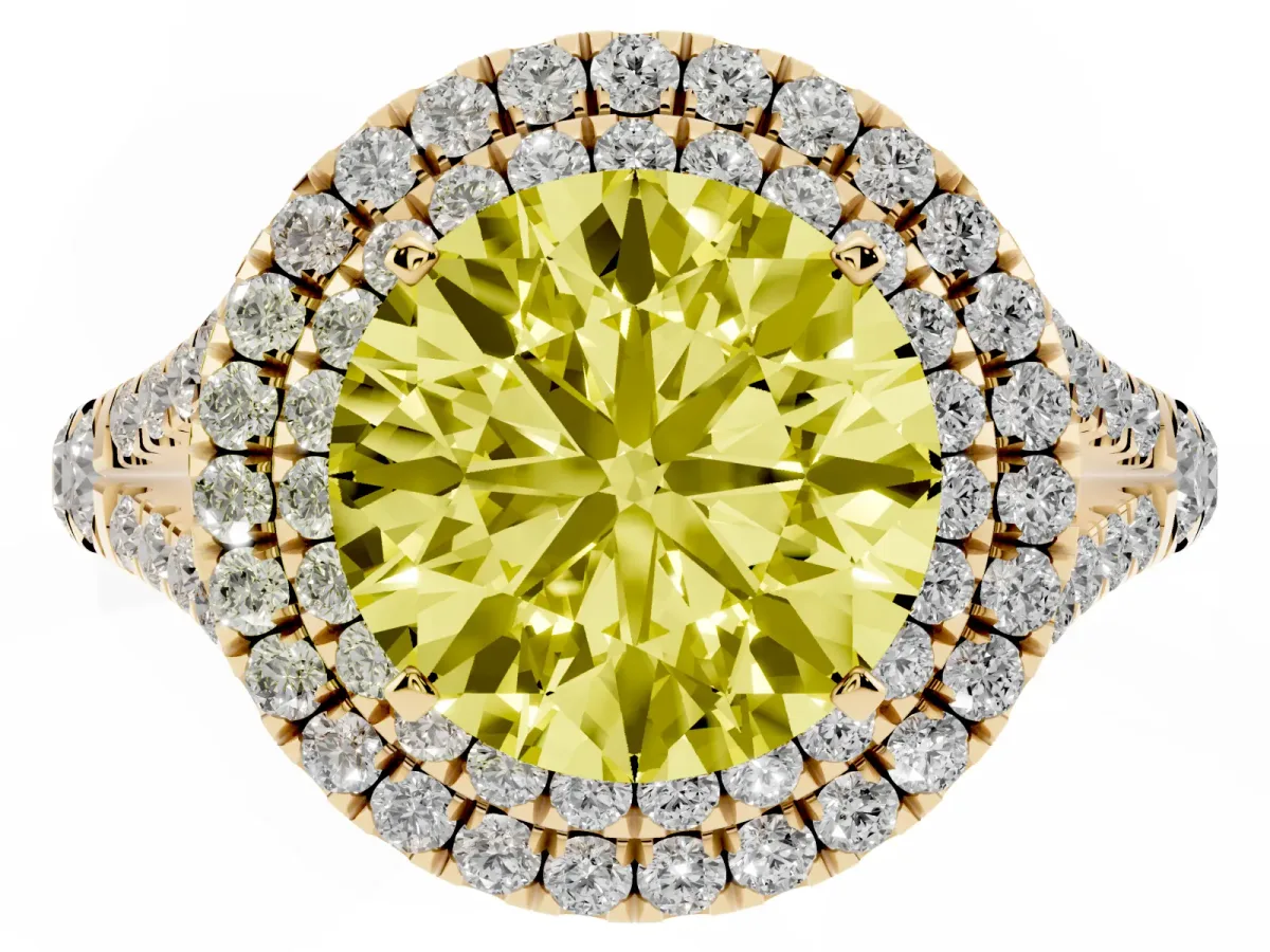 Fancy Yellow Double Halo Round Cut Diamond Split Shank Engagement Ring with Four-Prong Setting Yellow gold