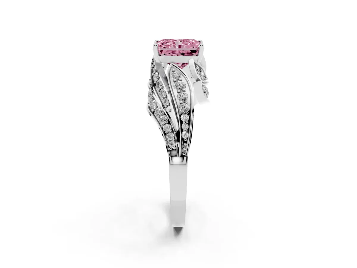 Fancy Pink Radiant Cut Diamond Solitaire Ring with Prong Setting and Twisted Pavé Band Platinum