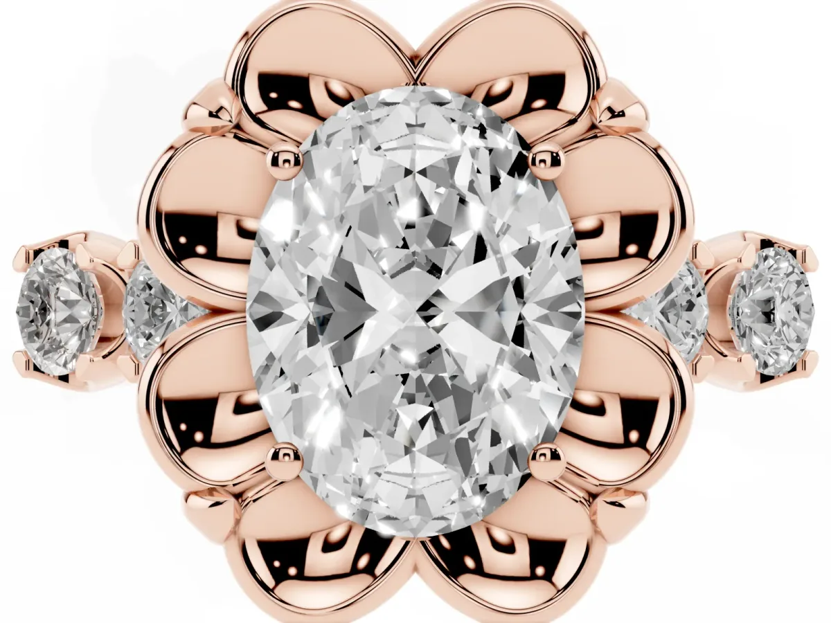 Oval Cut Cut Diamond Floral Halo Engagement Ring with Shared Prong Setting Rose gold