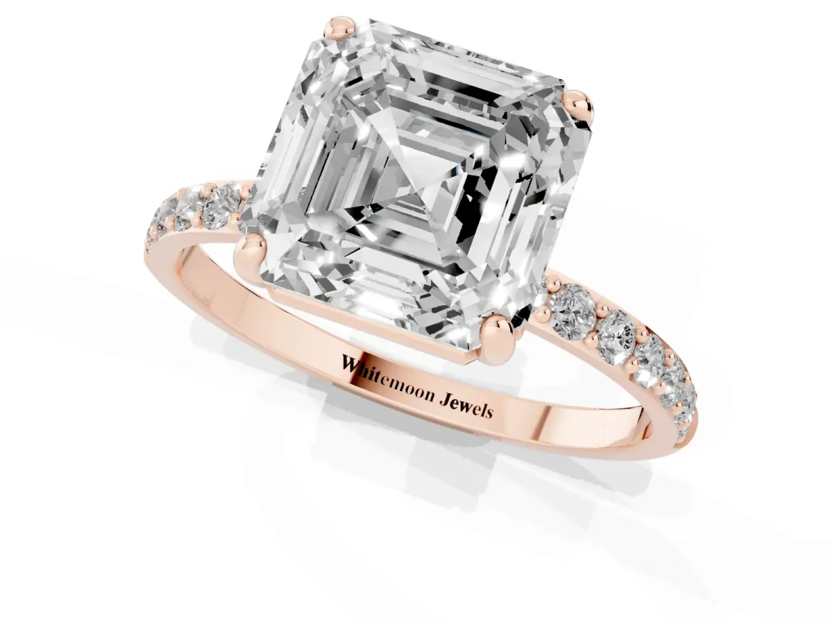 Asscher Cut Diamond Solitaire Ring with Round Pavé Band and Prong Setting Rose gold