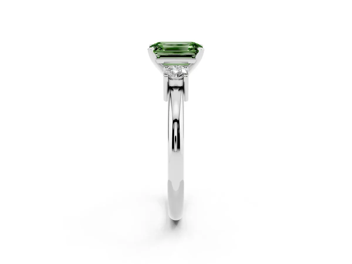 Fancy Green Three-Stone Emerald Cut Cut Diamond Solitaire with Prong Setting and Classic Band Silver