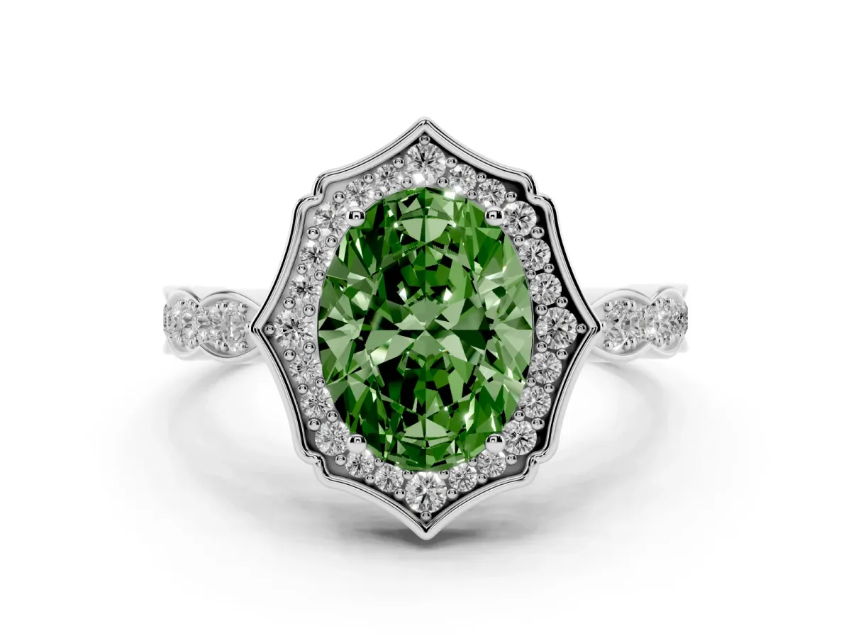 Fancy Green Oval Cut Halo Diamond Engagement Ring with Milgrain Band and Four-Prong Setting Platinum