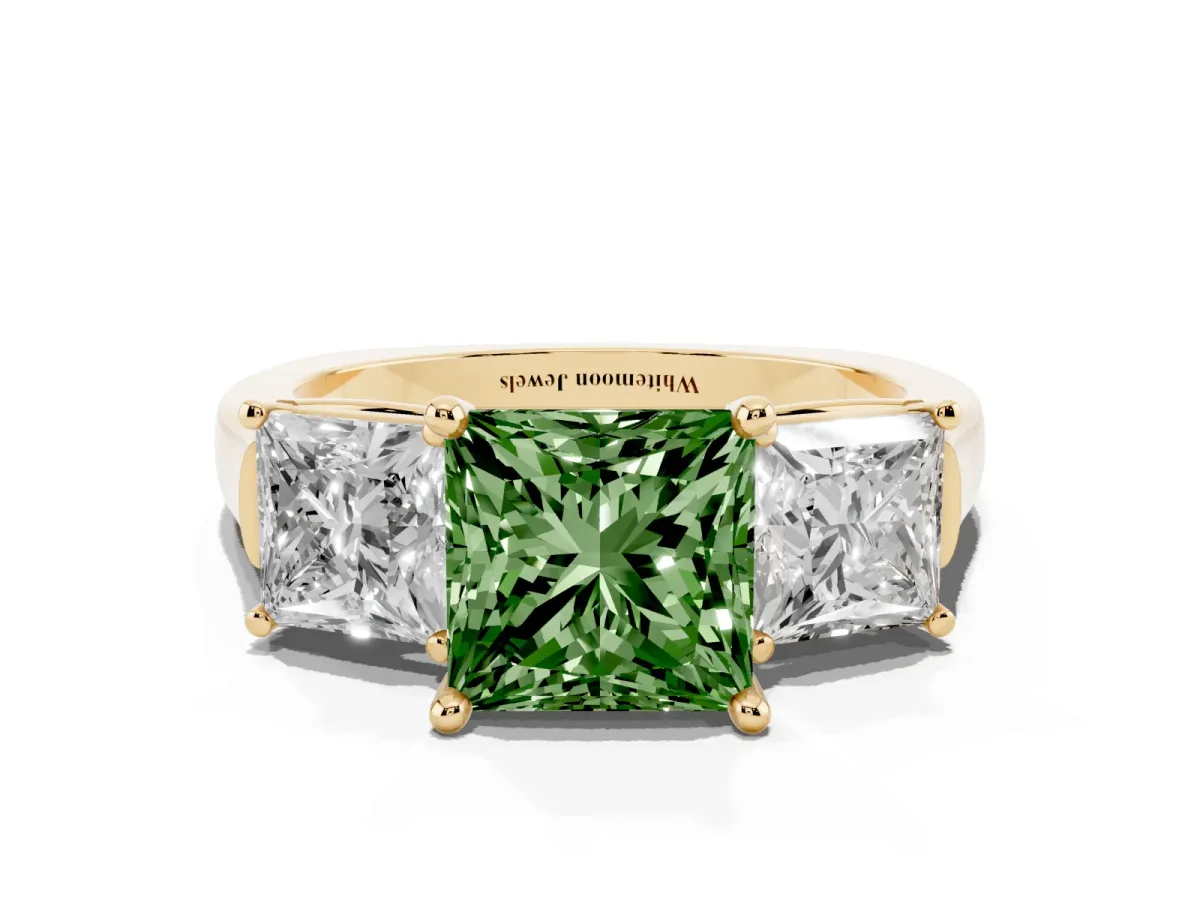 Fancy Green Three-Stone Princess Cut Brilliant Diamond Trellis Ring with Comfort Fit Band Yellow gold