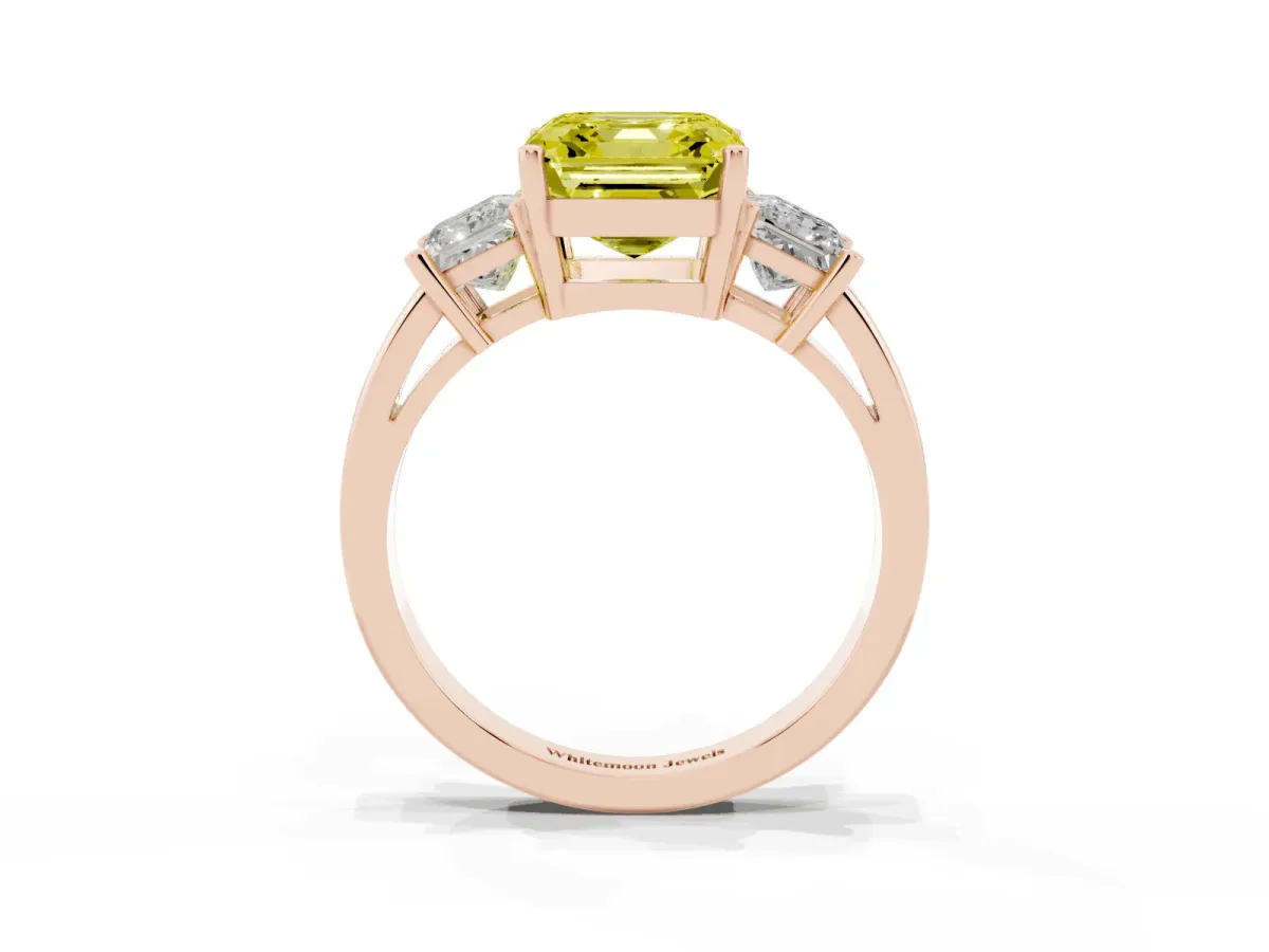 Fancy Yellow Three-Stone Asscher Cut Cut Solitaire Ring with Prong Setting Rose gold