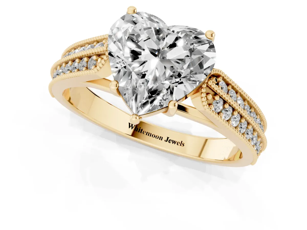Heart Cut Cut Pave Split Shank Engagement Ring with Four-Prong Setting Yellow gold