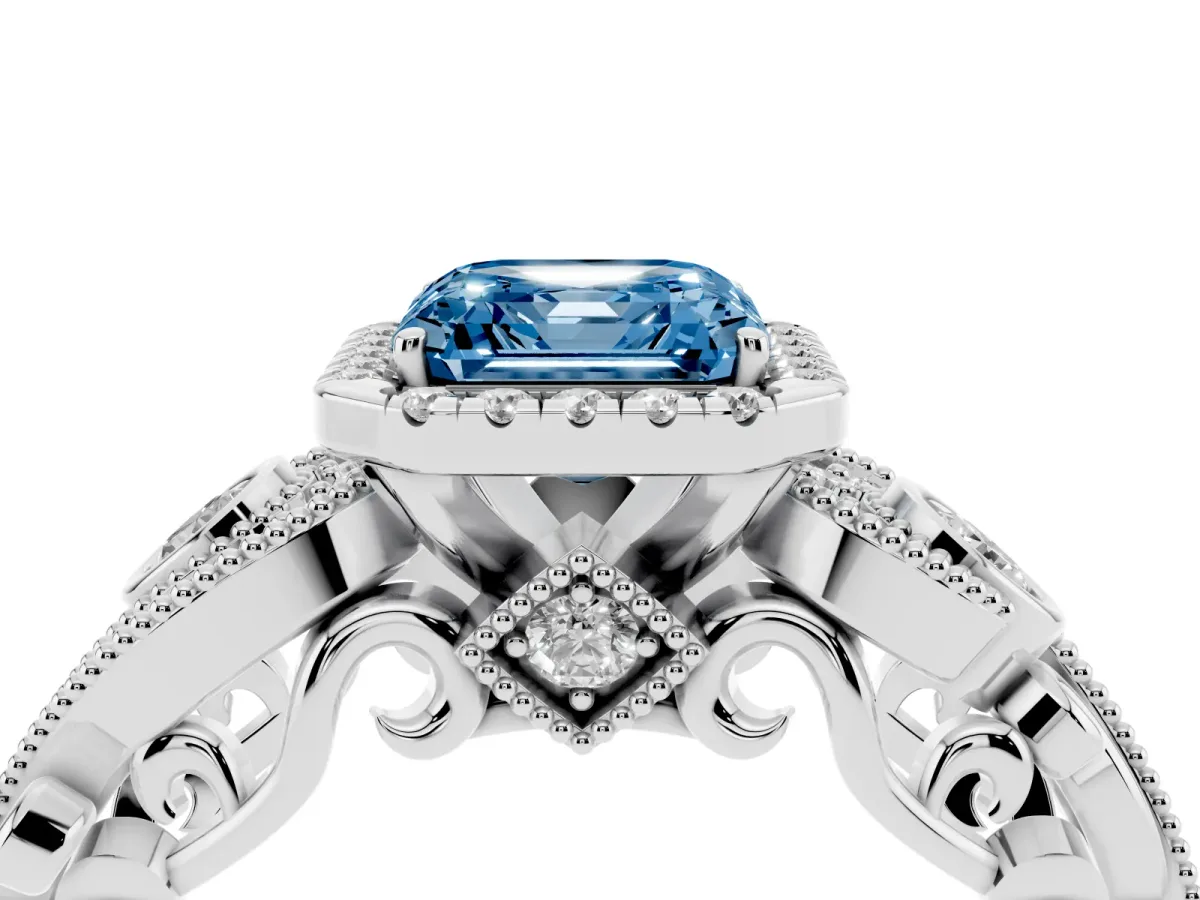 Fancy Blue Asscher Cut Halo Diamond Ring with Milgrain and Bezel Accents on a Split Shank Band Platinum