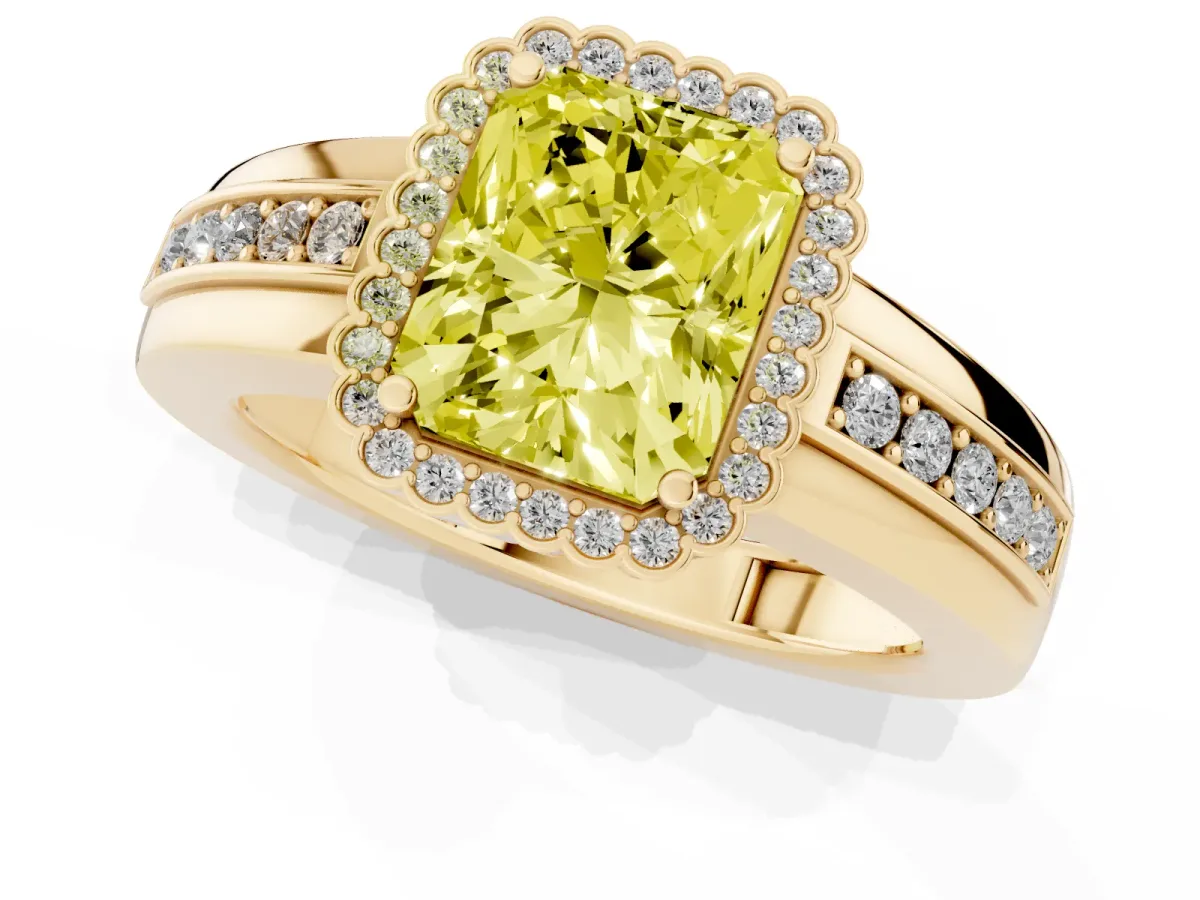 Fancy Yellow Radiant Cut Cut Halo Pave Band Four-Prong Ring Yellow gold