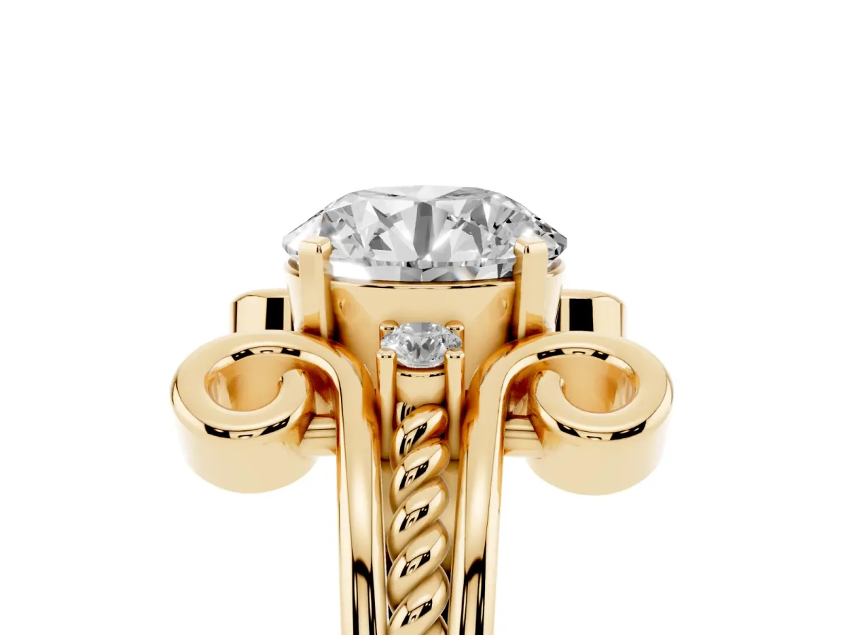 Round Cut Solitaire Twisted Band Scroll Prong Ring Yellow gold