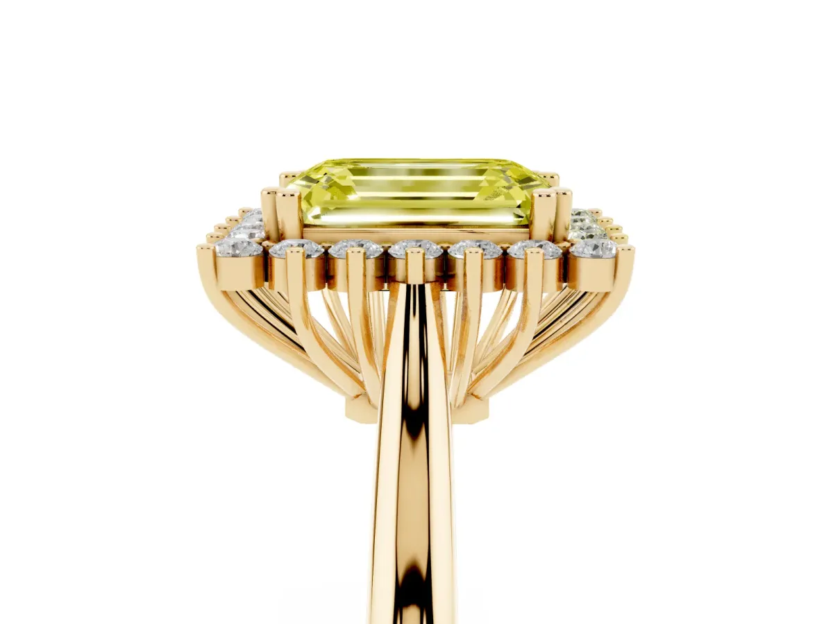 Fancy Yellow Emerald Cut Cut Diamond Halo Ring with Solitaire Band and Prong Setting Yellow gold