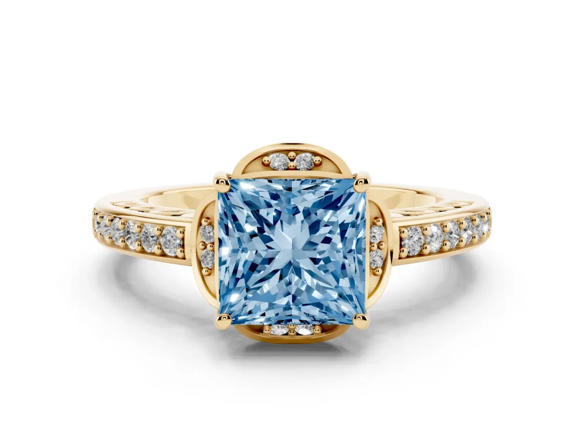 Fancy Blue Princess Cut Cut Halo Diamond Ring with Channel Set Band and Four-Prong Setting Yellow gold