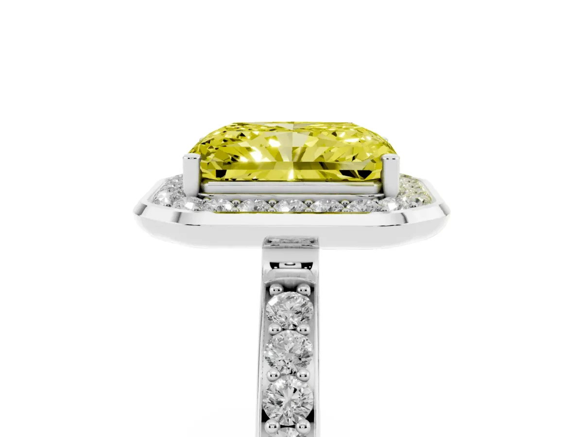 Fancy Yellow Radiant Cut Diamond Halo Ring with Bezel Frame and Pavé Band Silver