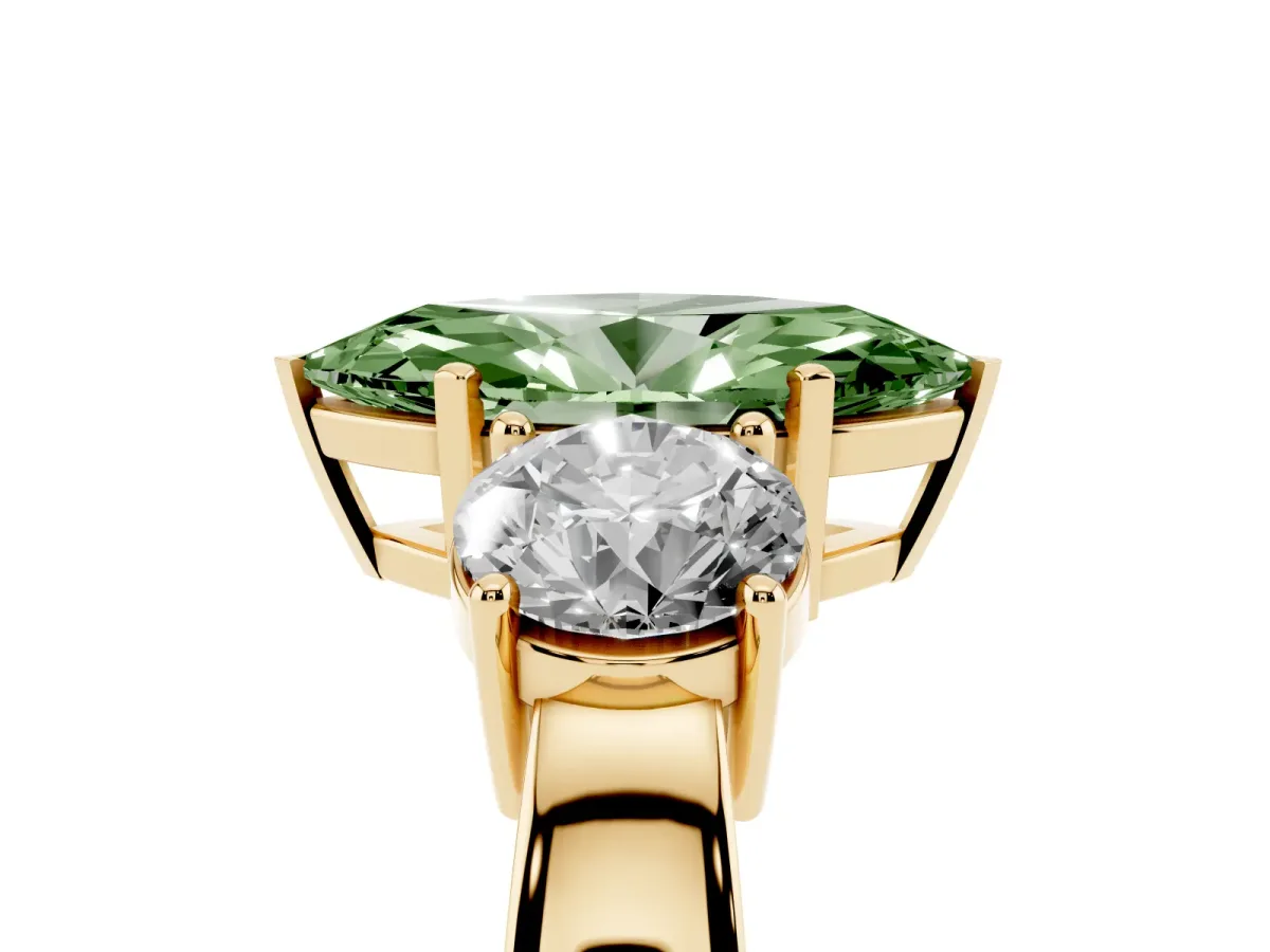 Fancy Green Three-Stone Marquise Cut Diamond Ring with Round Side Stones, Classic Band, and Four-Prong Setting Yellow gold