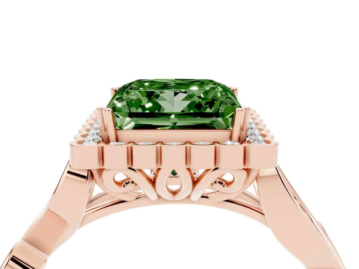 Fancy Green Princess Cut Diamond Halo Ring with Vintage Split Shank and Four-Prong Setting Rose gold