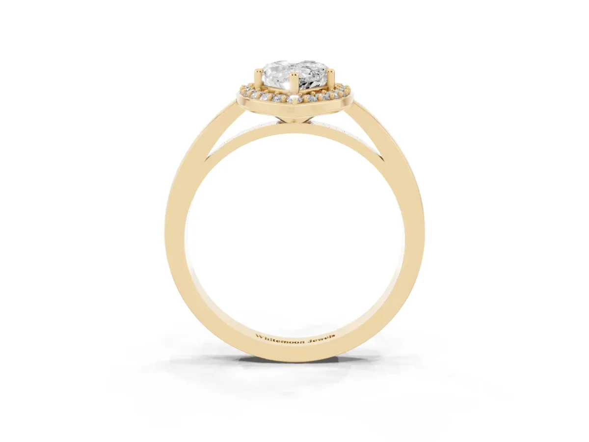 Pear Cut Halo Diamond Ring with Solitaire Band and Prong Setting Yellow gold