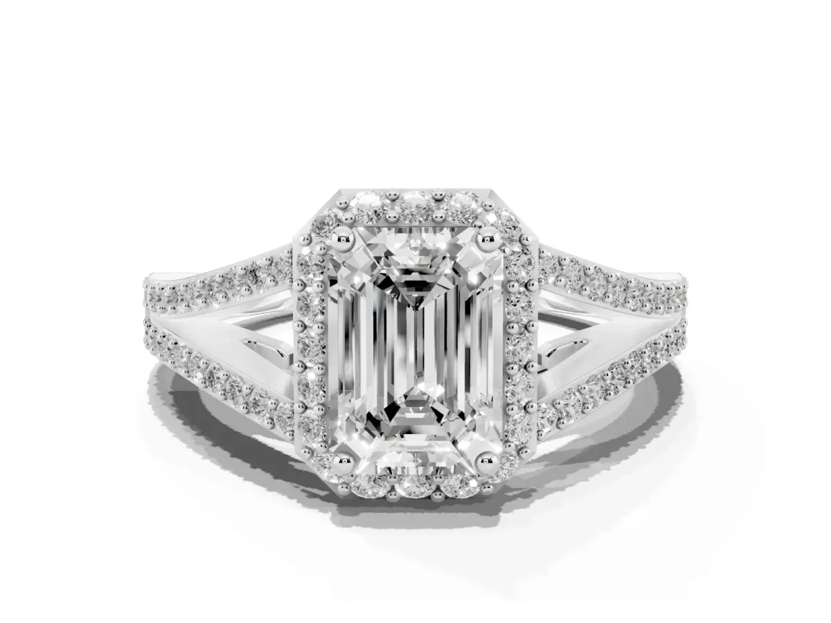 Emerald Cut Halo Split Shank Pave Diamond Ring with Four-Prong Setting Silver