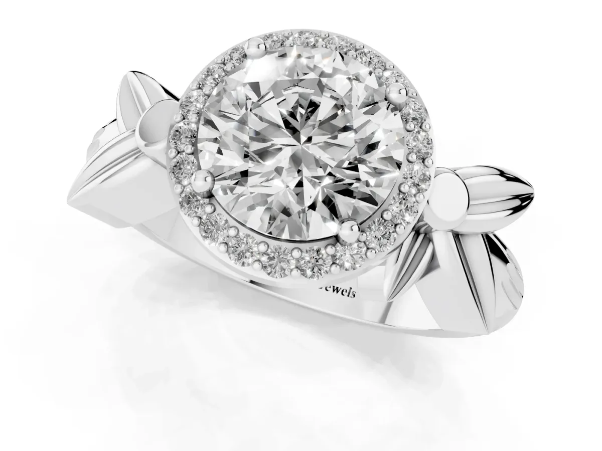 Round Cut Halo Diamond Floral Band with Four-Prong Setting Silver