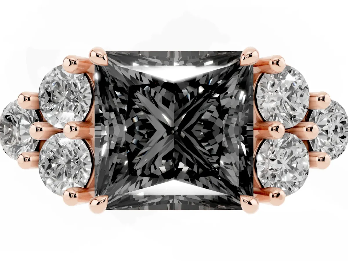 Fancy Black Princess Cut Brilliant Diamond Cluster Accent Solitaire Ring with Prong Setting Rose gold