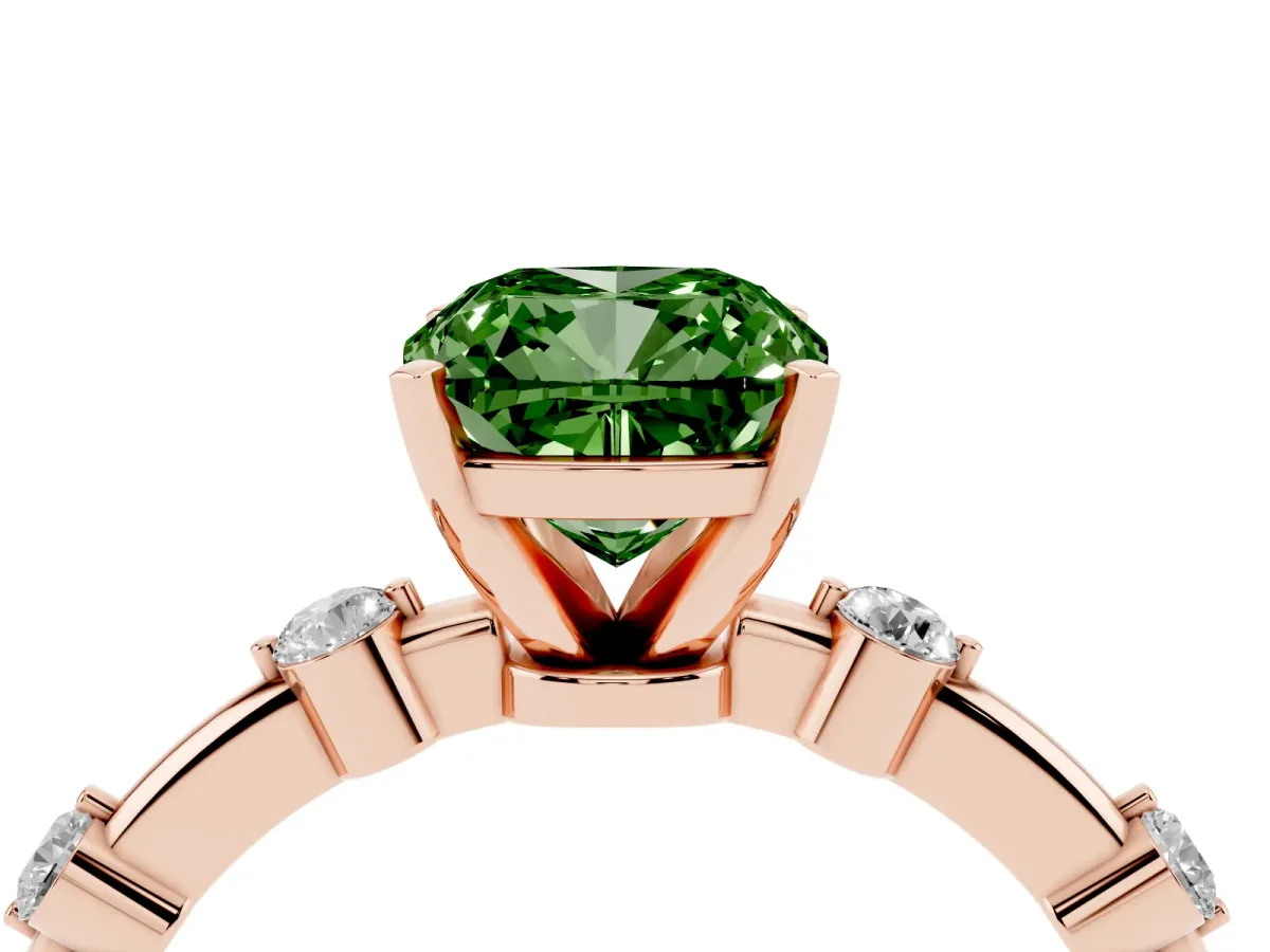 Fancy Green Cushion Cut Solitaire Diamond Ring with Bezel Set Side Stones and Prong Setting Rose gold