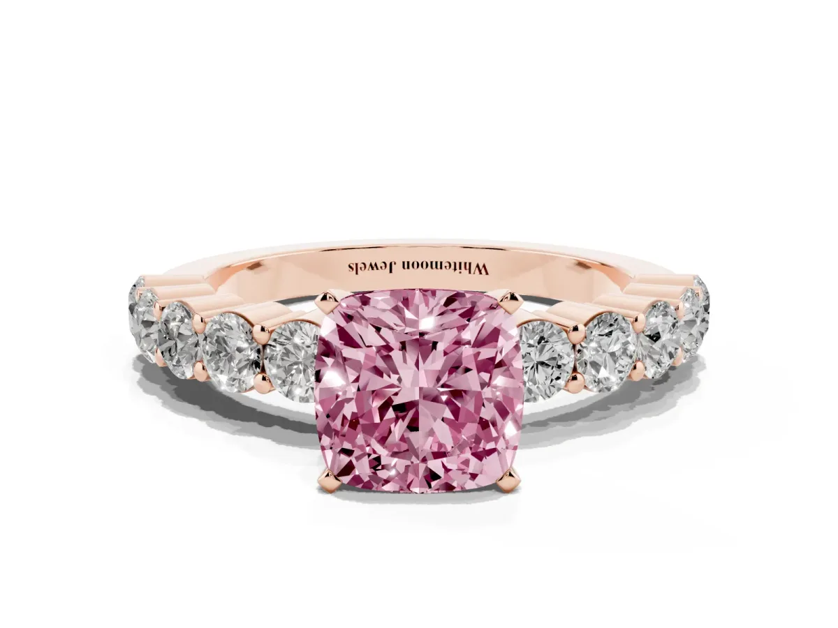 Fancy Pink Cushion Cut Diamond Solitaire Ring with Shared Prong Round Side Stones Rose gold