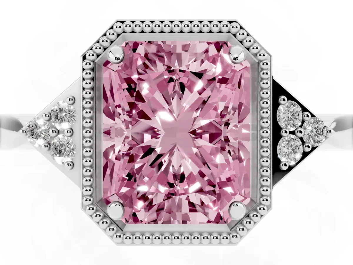 Fancy Pink Radiant Cut Diamond Halo Ring with Tapered Band and Four-Prong Setting White gold