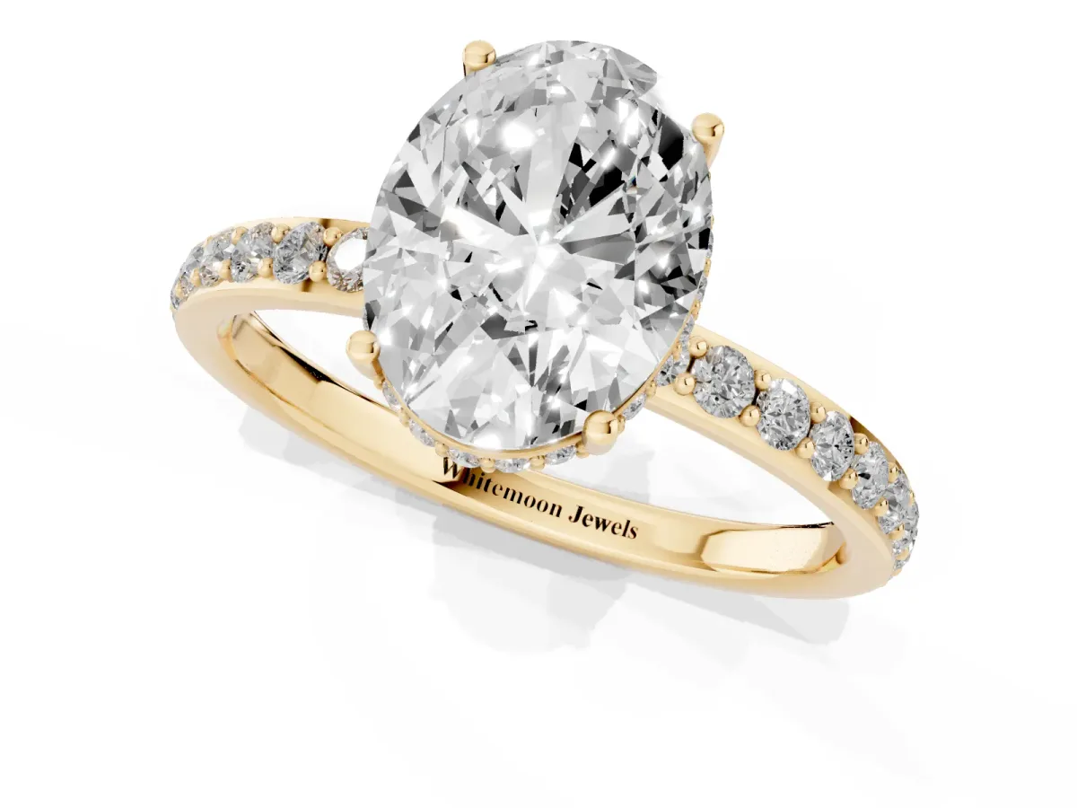 Oval Cut Diamond Solitaire Ring with Pavé Band and Hidden Halo Yellow gold