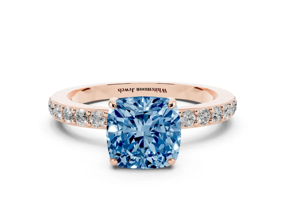 Fancy Blue Cushion Cut Diamond Pavé Engagement Ring with Round Accents and Prong Setting Rose gold