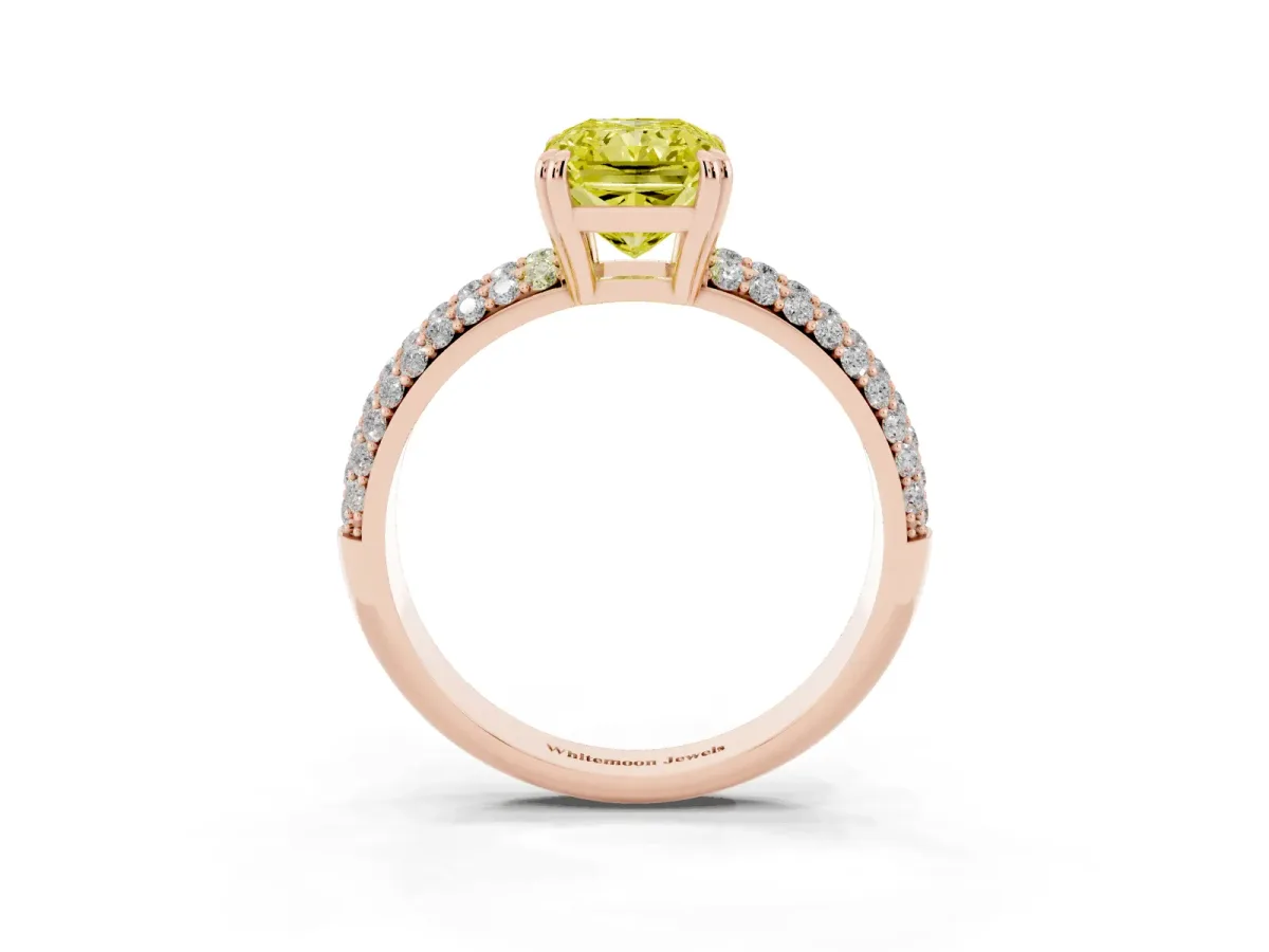 Fancy Yellow Radiant Cut Diamond Solitaire Ring with Multi-Row Round Pavé Band and Prong Setting Rose gold