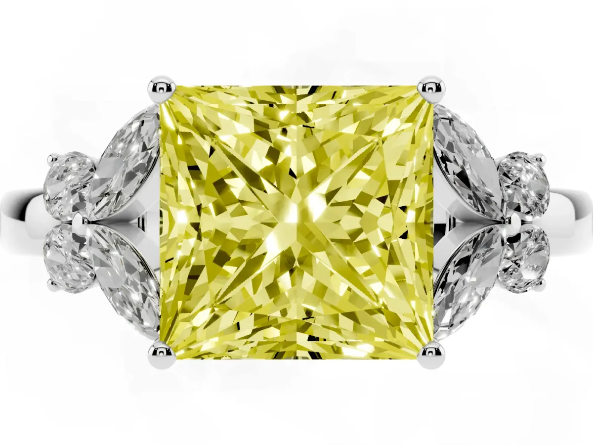 Fancy Yellow Princess Cut Cut Solitaire Floral Diamond Ring with Four-Prong Setting Silver