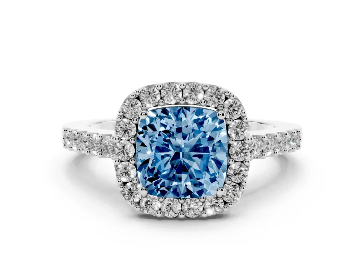 Fancy Blue Cushion Cut Halo Diamond Pavé Solitaire Ring Platinum