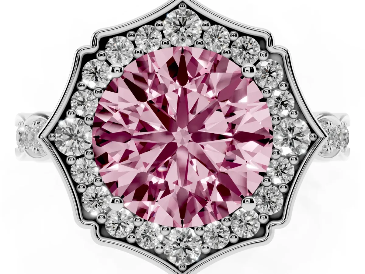 Fancy Pink Round Cut Halo Diamond Engagement Ring with Milgrain Band and Four-Prong Setting Platinum