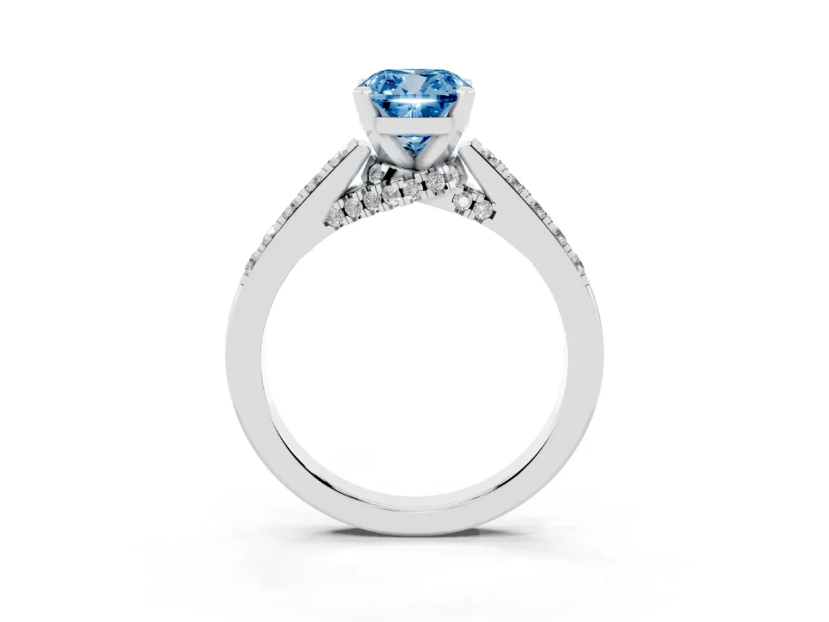 Fancy Blue Cushion Cut Diamond Solitaire Ring with Crossover Gallery and Round Pavé Band Silver