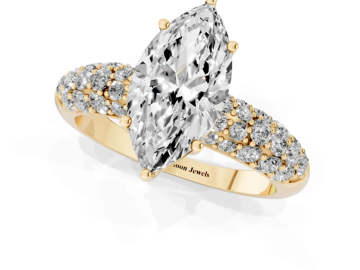 Marquise Cut Diamond Pavé Band Solitaire Ring with Four-Prong Setting Yellow gold
