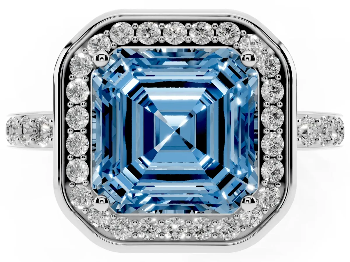 Fancy Blue Asscher Cut Diamond Halo Ring with Bezel Frame and Pavé Band Silver