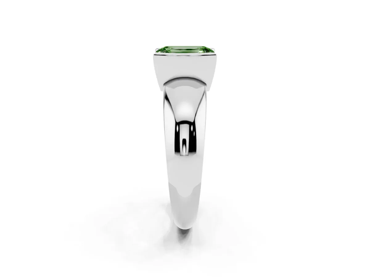Fancy Green Emerald Cut Solitaire Tension Set Diamond Ring with Wide Band Platinum