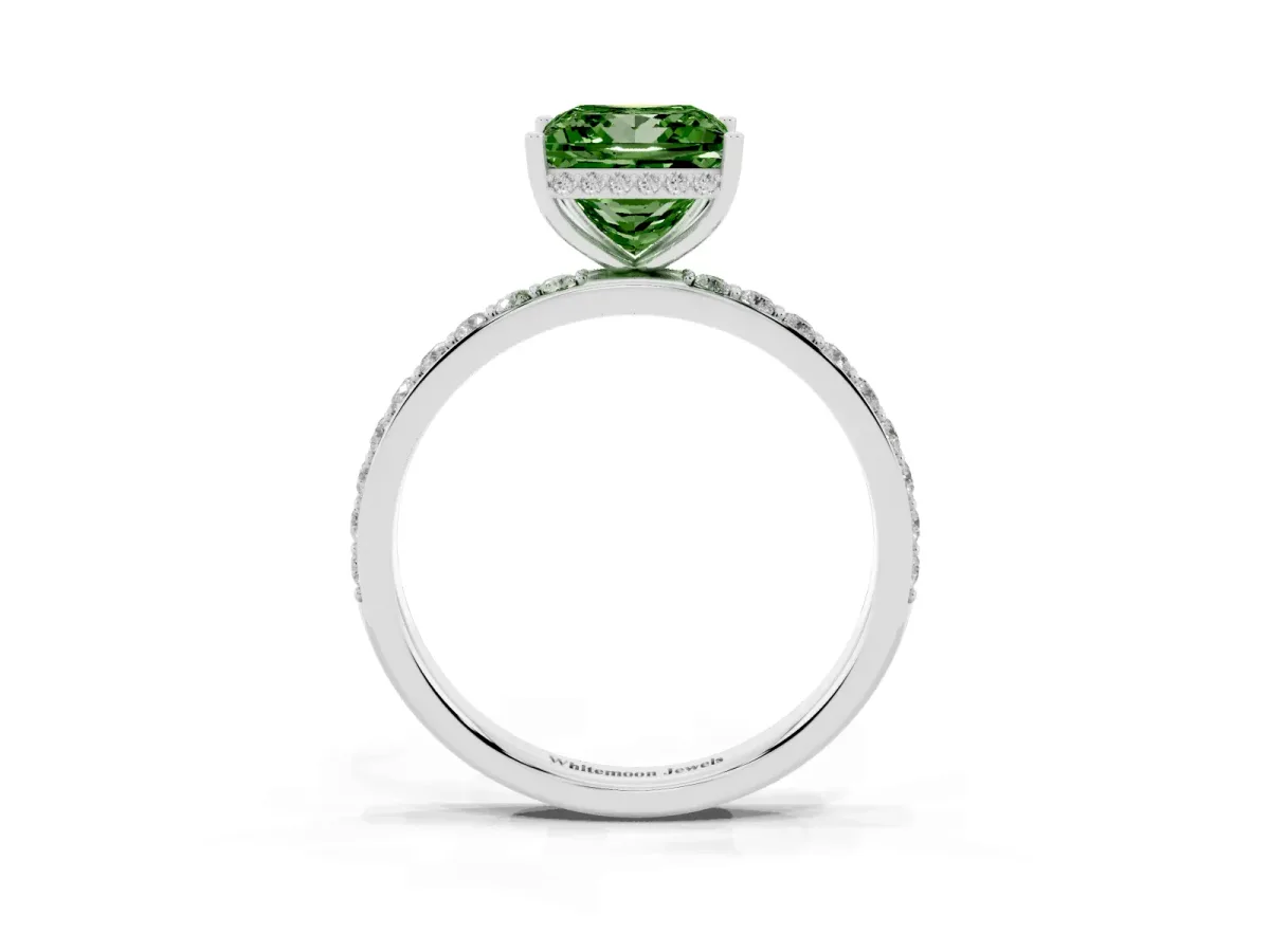 Fancy Green Princess Cut Diamond Solitaire Ring with Pavé Band and Hidden Halo Platinum
