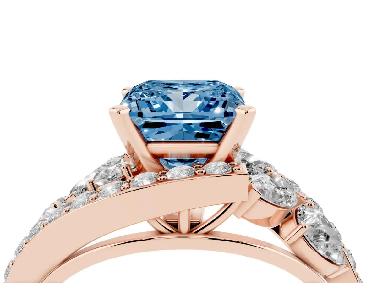 Fancy Blue Princess Cut Diamond Halo Ring with Marquise and Pavé Band in Prong Setting Rose gold