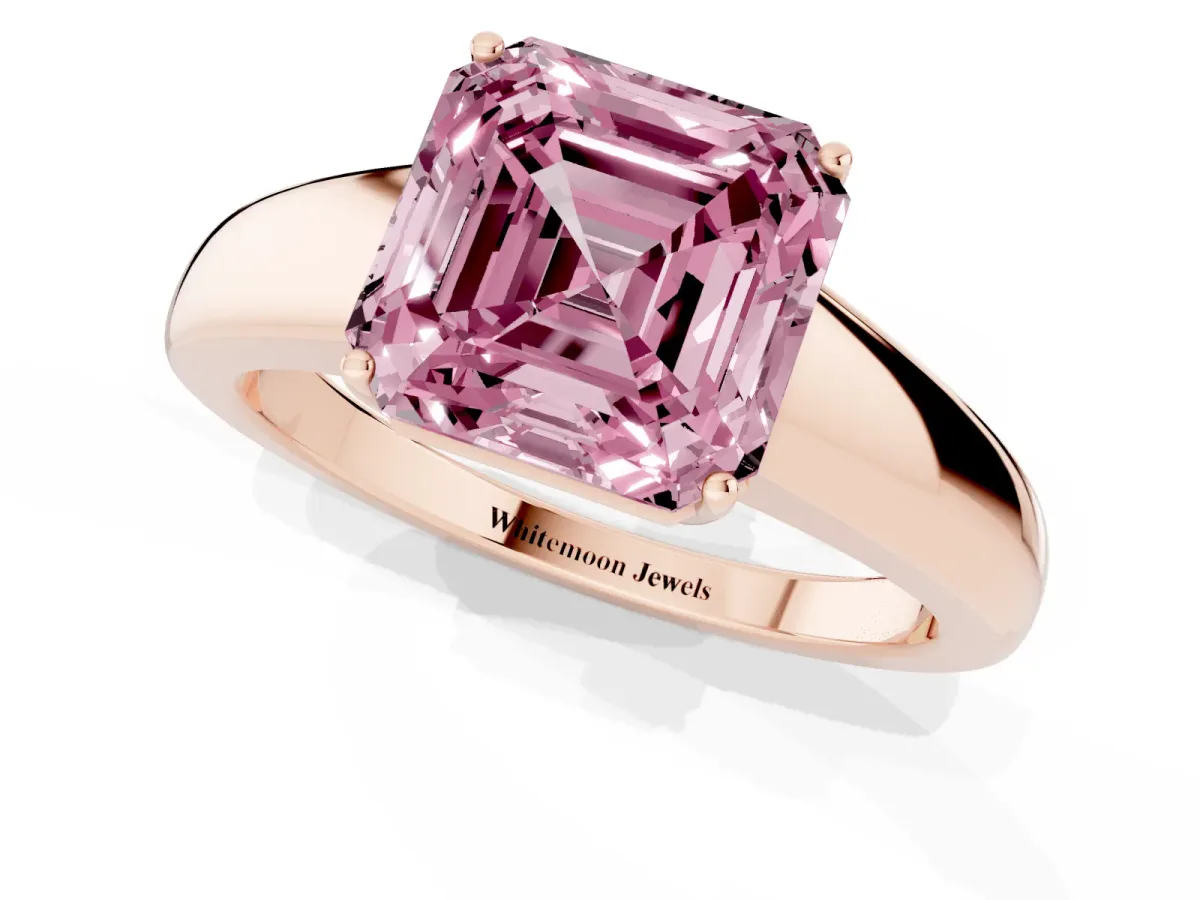 Fancy Pink Asscher Cut Solitaire Diamond Ring with Tapered Band and Four-Prong Setting Rose gold