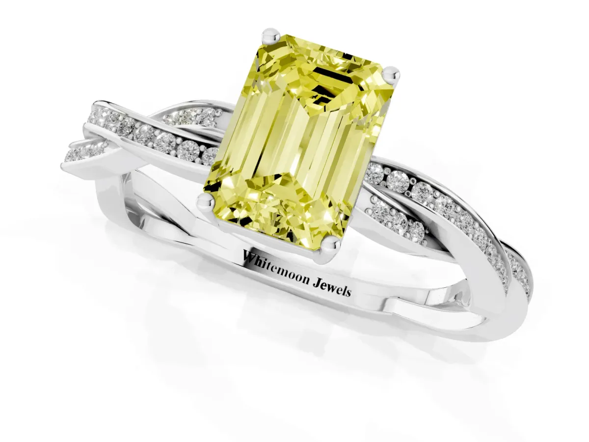 Fancy Yellow Emerald Cut Solitaire Twisted Pave Diamond Ring with Four-Prong Setting White gold